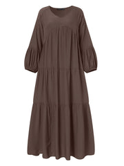 Women Solid Color Tiered V-Neck Puff Sleeve Casual Maxi Dresses