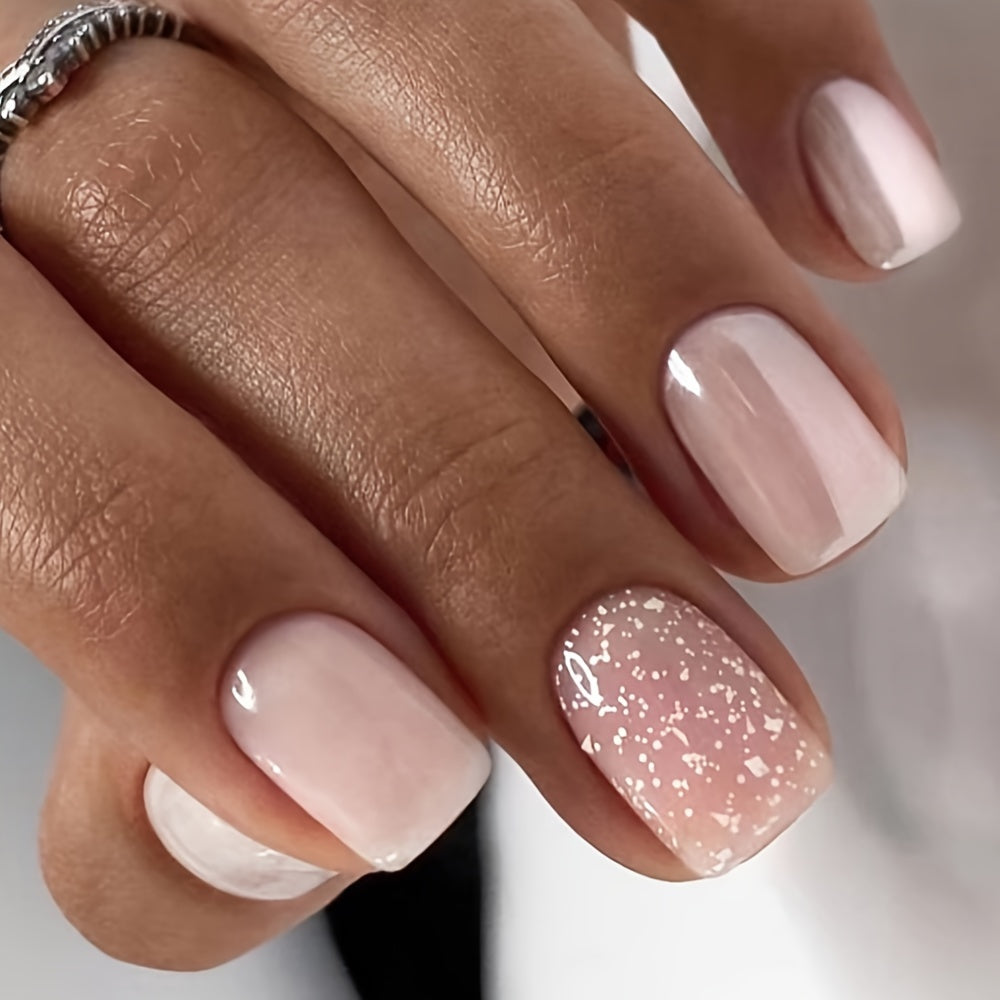 24pcs Glossy Light Pink Press On Nails - Short Square Glitter Fake Nails for Women & Girls
