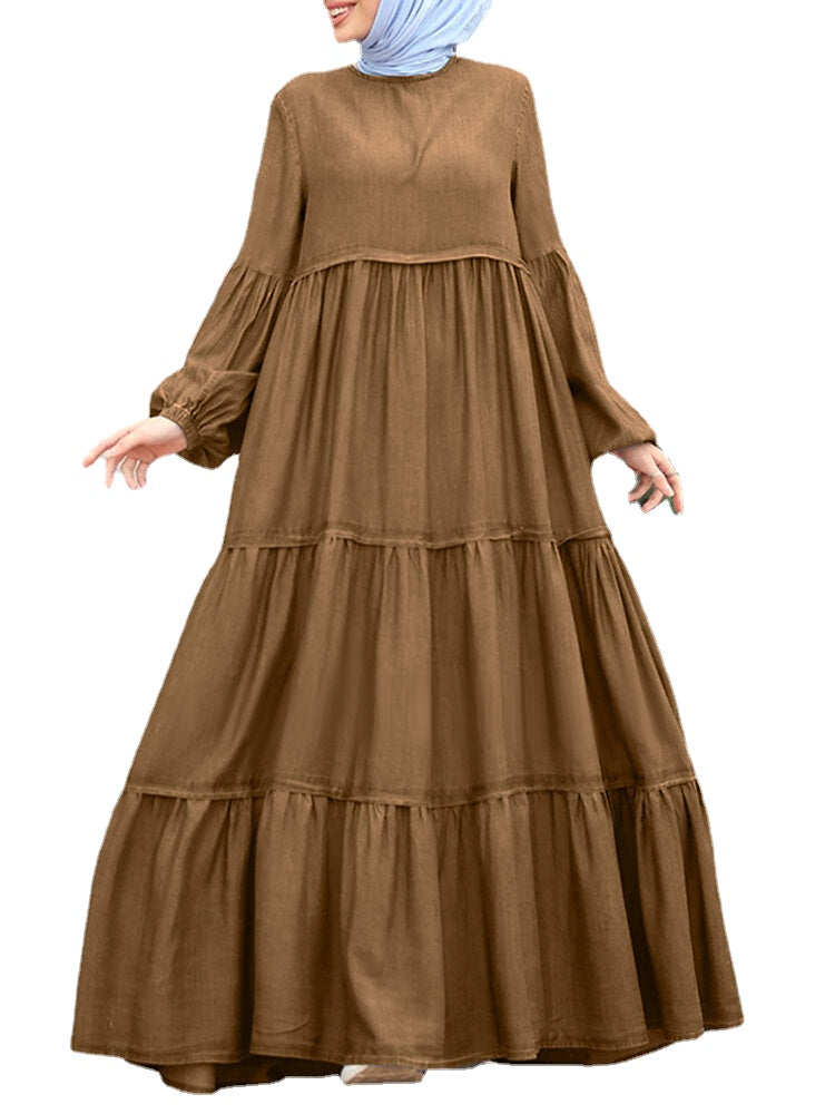 Women Layered Pleats Solid Color Puff Casual Long Sleeve Bohemian Maxi Dress