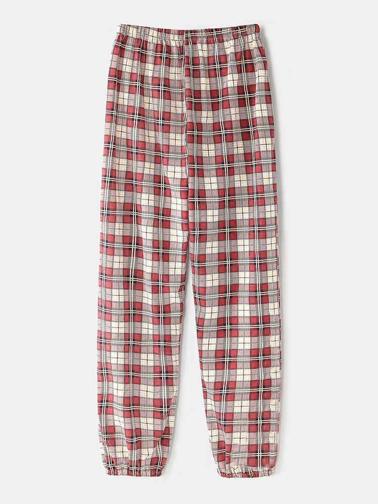 Women Plaid Print Lapel High-lowHem Shirt Elastic Waist Pants Home Pajama Set