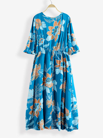 Bohemian Floral Print V-neck Waist Tie Summer Beach Holiday Long Maxi Dress