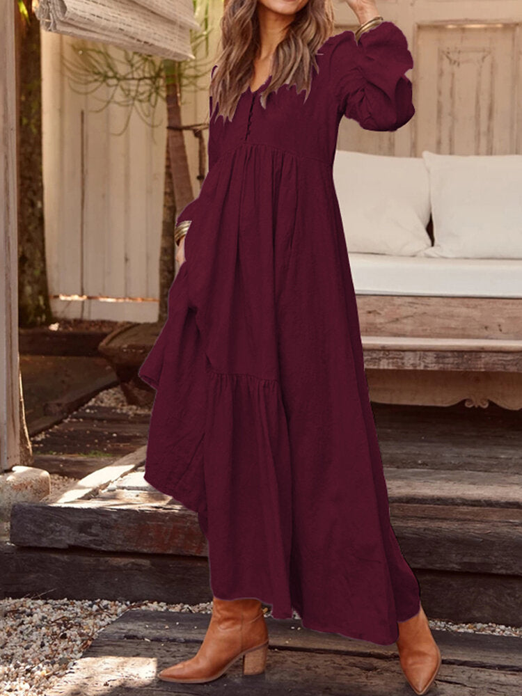 Women Solid Color V-neck Long Sleeve Causal Maxi Dress