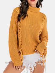 Women Bandage High Neck Pullover Warm Yellow Knitting Sweaters