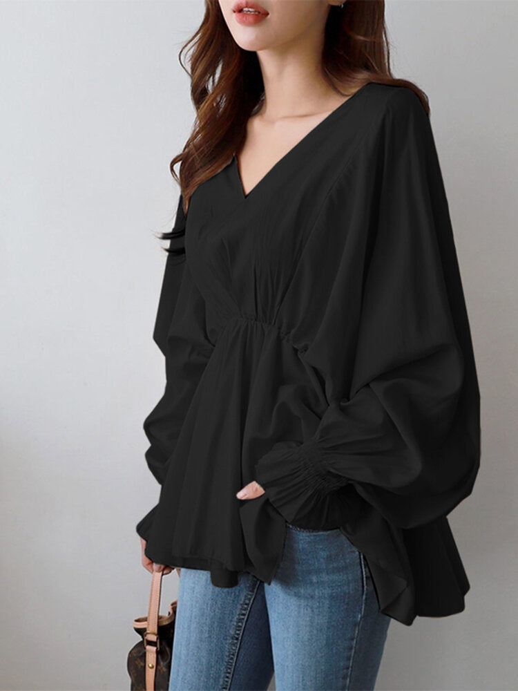 Women Solid Color V-Neck Puff Sleeve Ruffles Hem Casual Blouse