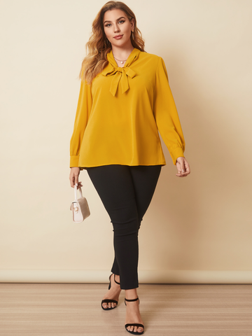 Plus Size Women Pure Color Pussybow OL Casual Long Sleeve Blouses