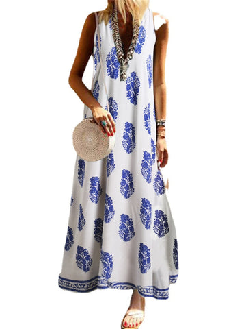 Bohemian Women V Neck Floral Print Sleeveless Maxi Dress