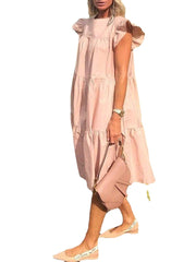 Women Solid Color Loose Ruffles Short Sleeve Casual Midi Dresses