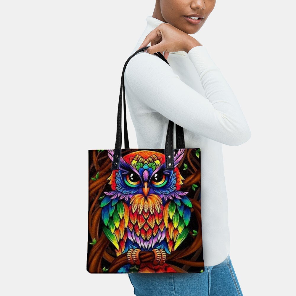 Color Owl Print Pattern Leather Tote Sticker Shoulder Handbag Tote With Built-in Small Bag