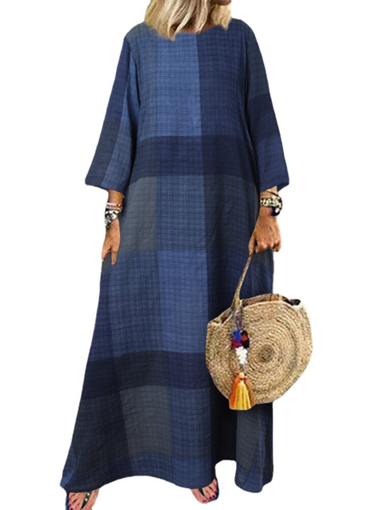 Women Plaid Printing Crew Neck 3/4 Sleeve Daily Loose Casual Maxi Dress