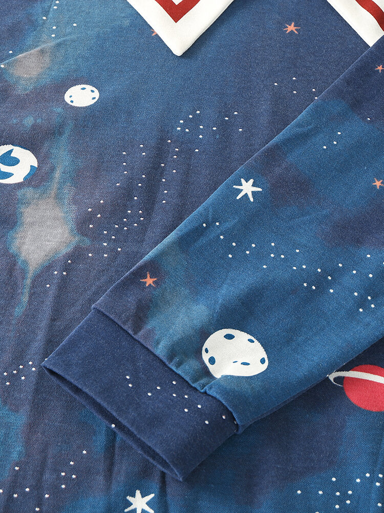 Women Starry Sky Print Cute Pullover Loose Elastic Waist Cartoon Home Pajama Set