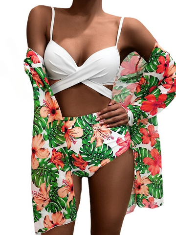 Tropical Plants Print High Waisted Bikinis Swimwear Three-piece Sets With Cover Up