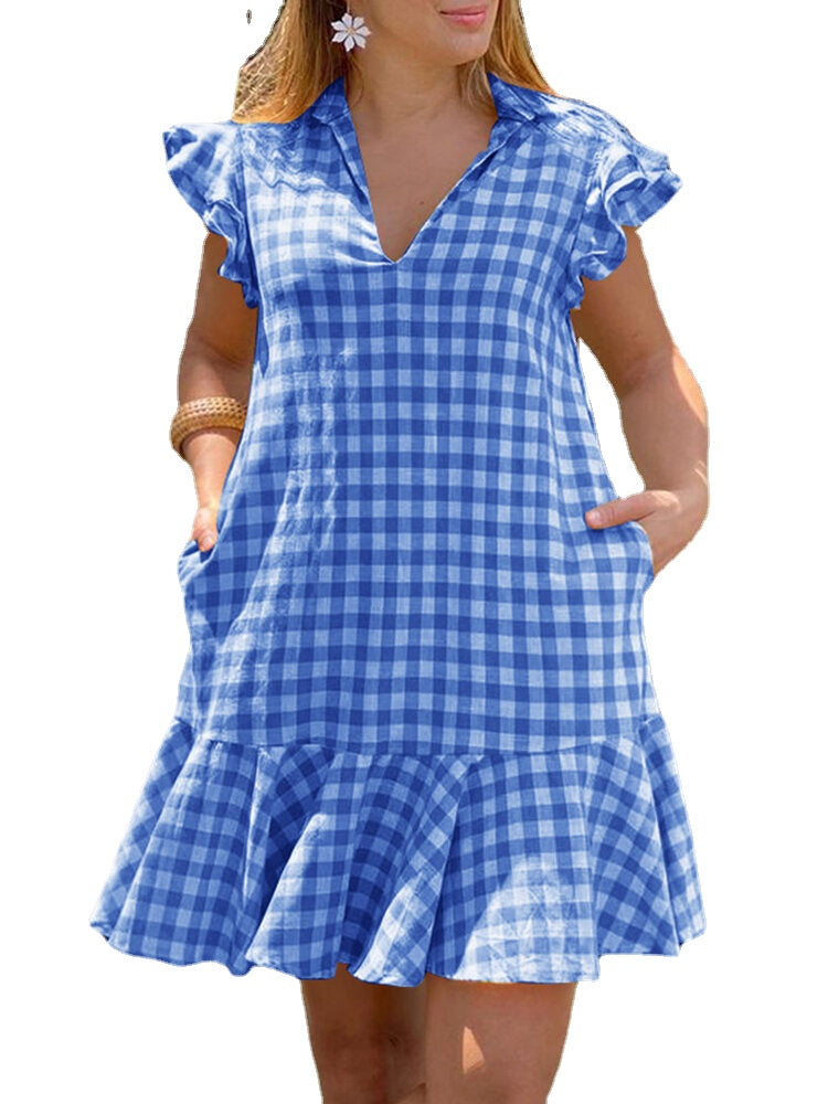 Lapel Plaid Ruffles Side Pocket Summer Dress For Women