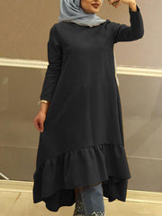 Women Solid Color Ruffled High Low Hem Full Sleeve O-Neck Midi Dress With Pocket