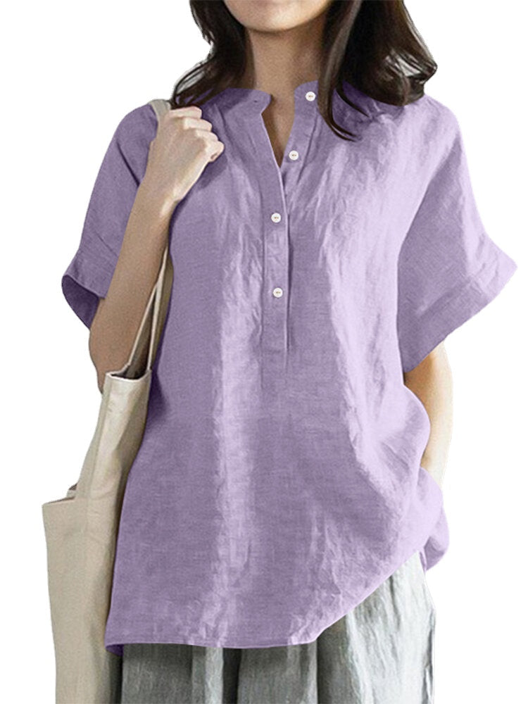 Solid Button Stand Collar Short Sleeve Loose Casual Blouse