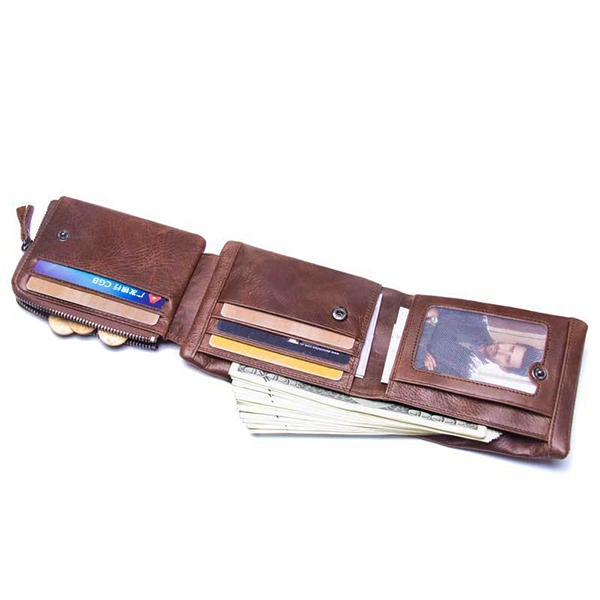 Men Genuine Leather Multifunctional Large Capacity Coin Bag 10 Card Slots Trifold Wallet