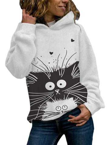Women Funny Cartoon Cat Print Drop Shoulder Casual Pullover Hoodie