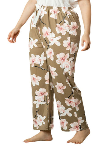 Plus Size Women Floral Print Elastic Waist Knot Home Casual Pajamas Pants