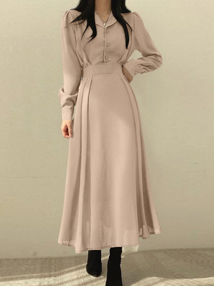 Solid Elastic Waist Button Long Sleeve Lapel Maxi Shirt Dress