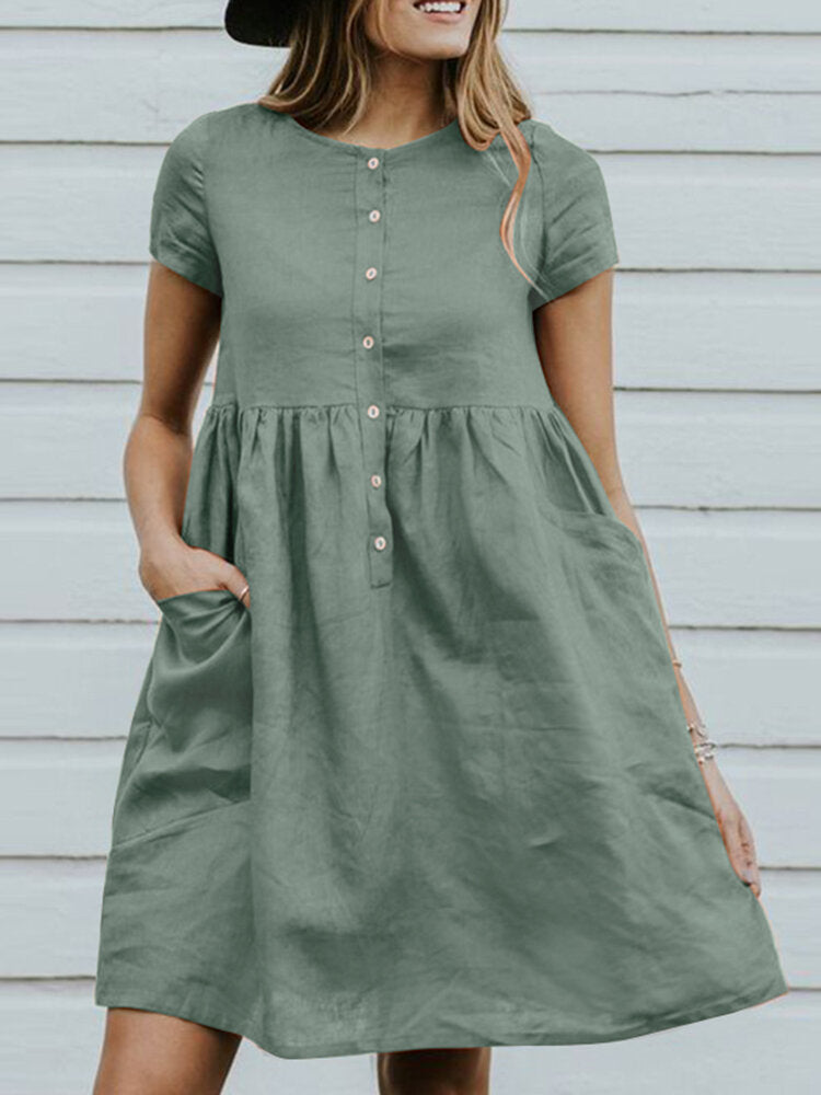 Solid Button Pocket Short Sleeve Casual Cotton Midi Dress