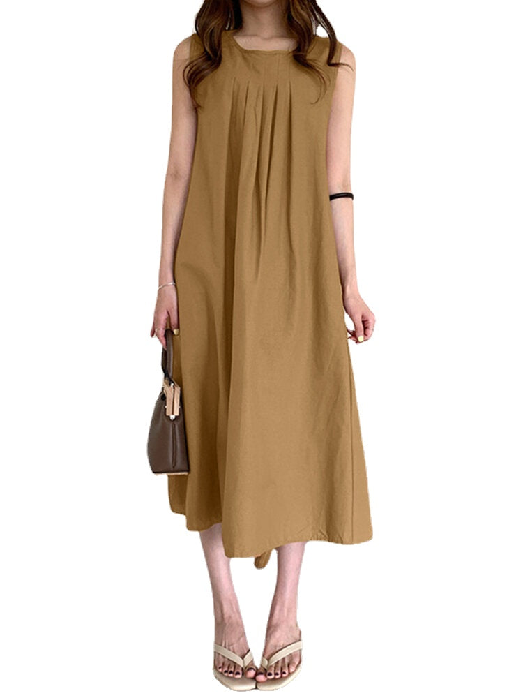 Women Solid O-Neck Sleeveless Bohemian Leisure Dress With Side Pockets