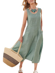 Women's Crew Neck Sleeveless Solid Color Ruched Casual Modern Linen Dress