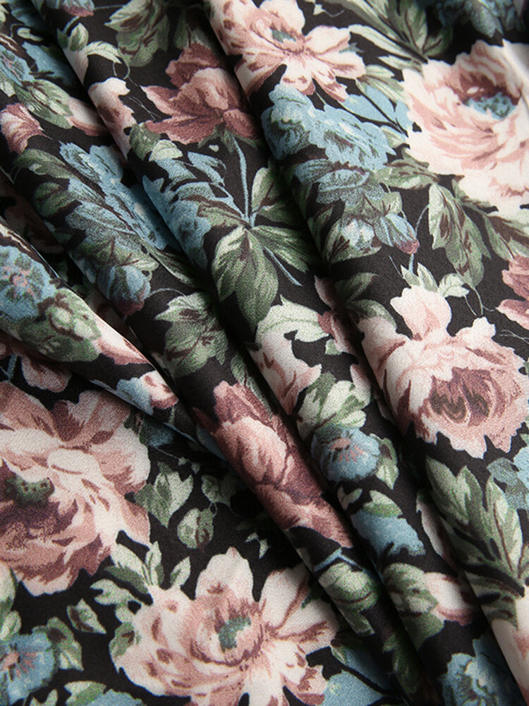 Women Floral Print Square Neck High Split Long Sleeve Slim Midi Dress
