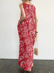 Sleeveless Print Pocket Round Neck Pattern Figure Maxi Dress