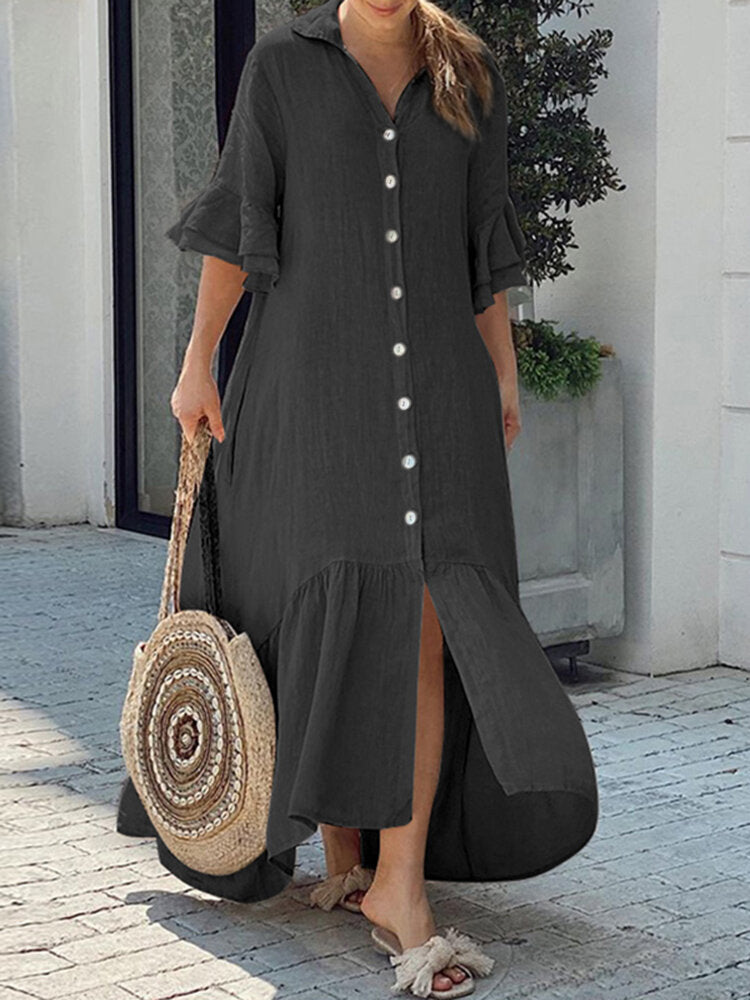 Solid Pleating Leisure Europe Casual Maxi Dress For Women