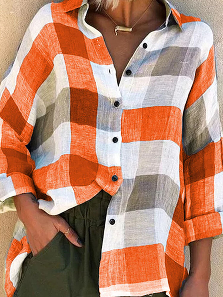 Women Plaid Button Up Lapel Loose Casual Long Sleeve Shirts