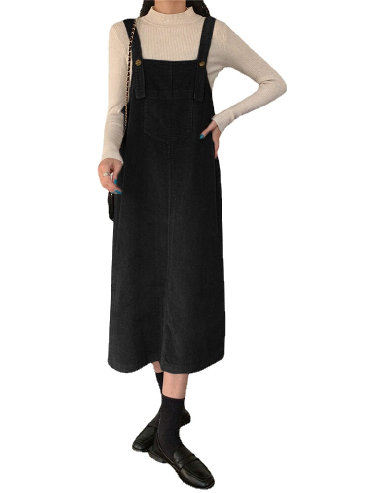 Women Solid Adjustable Shoulder Strap Front Pocket Corduroy Button Sleeveless Midi Dresses
