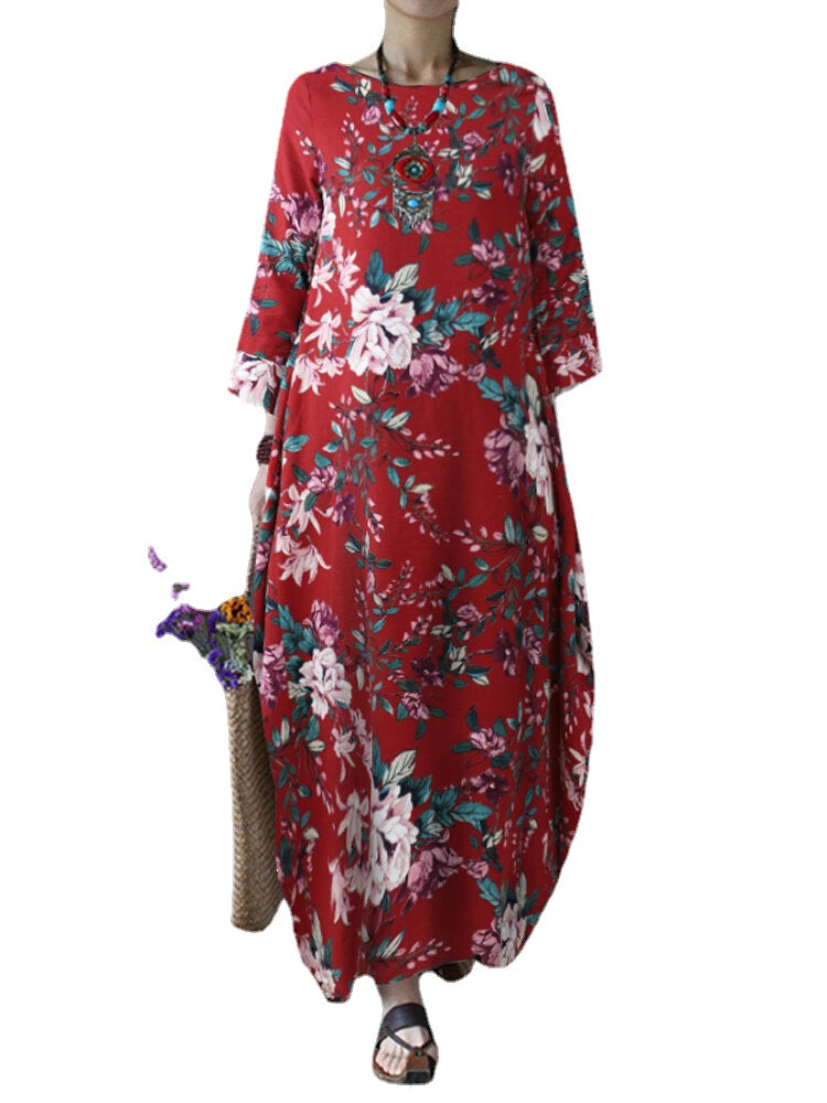 Vintage Floral Print Cotton Loose Maxi Dress with Side Pockets