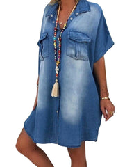 Women Casual Lapel Button Short Sleeve Loose Denim Dress