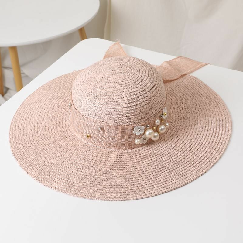 Women Straw Solid Color Elegant Big Brim Pearl Bowknot Wavy Edge Visor Sun Hat Beach Hat Bucket Hat