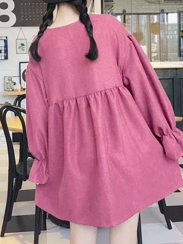 Pleating LongSleeve Solid Color Dress Korean Style Dresses