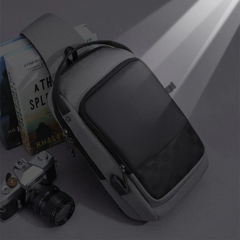 Men's Waterproof Oxford Crossbody Bag with USB Charging, Large Capacity, Concealed Side Water Cup Holder