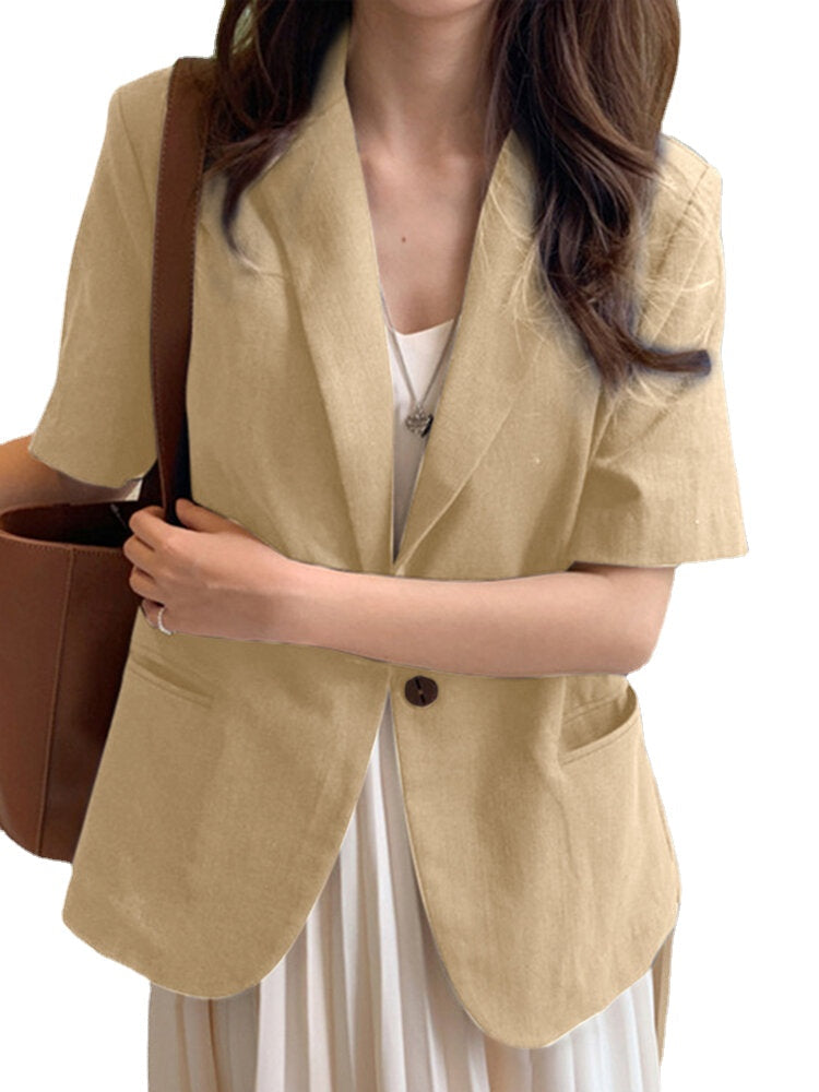 Solid Button Pocket Short Sleeve Casual Blazer