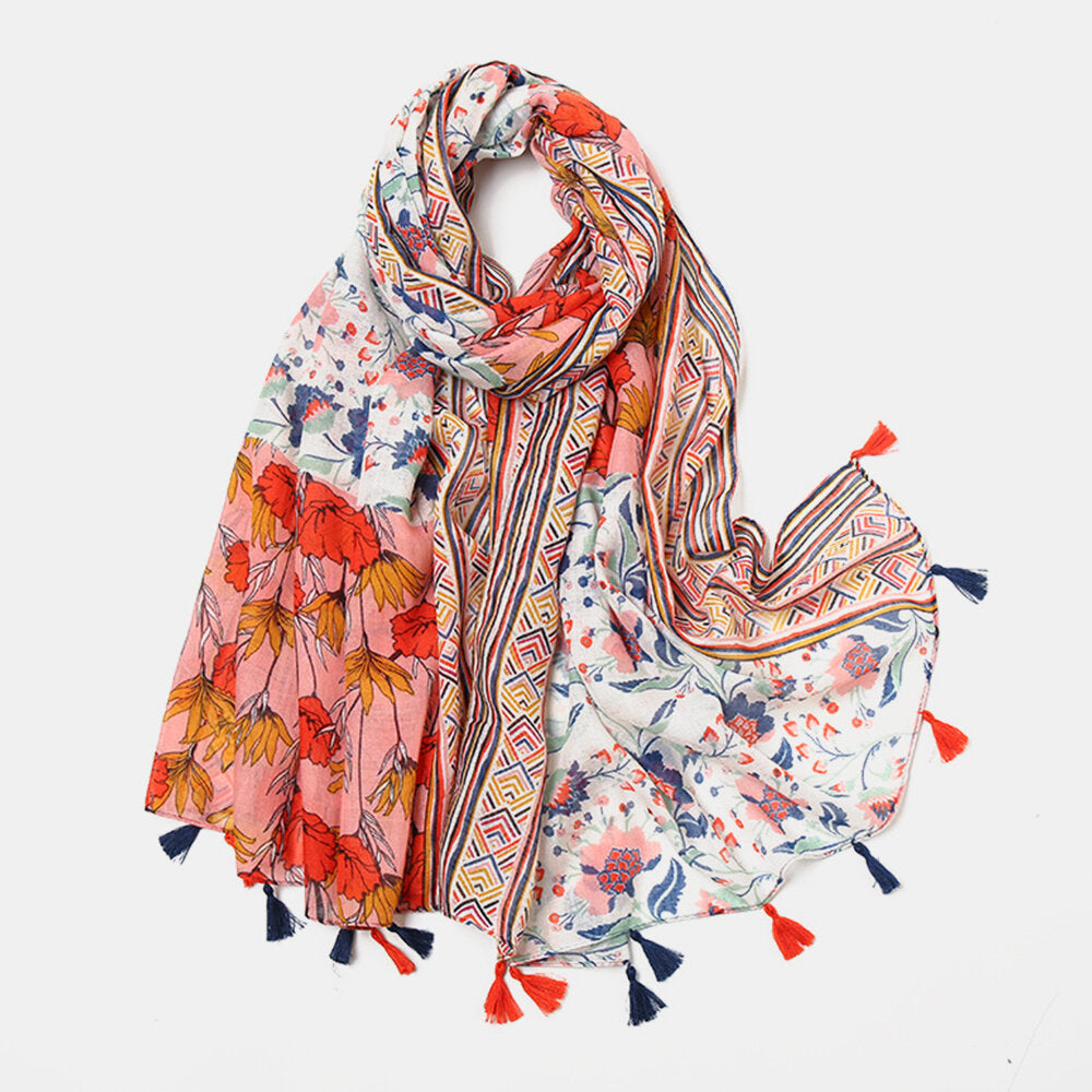 Women Cotton Colored Flower Pattern Scarf Bohemian Long Tassel Dual-Use Sunshade Warm Shawl