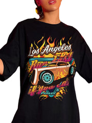 Plus Size Women Letter Car Flame Graphic Stylish Relaxed Short Sleeve T-Shirts