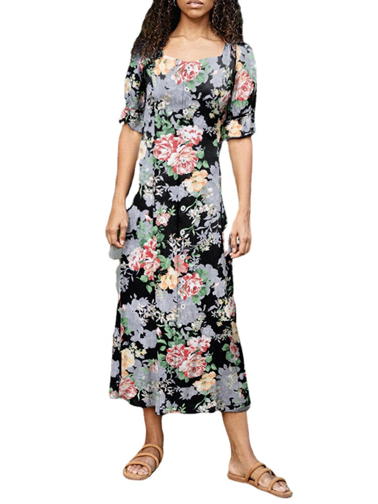 Women Flower Print Square Collar Bandage Elegant Maxi Dress