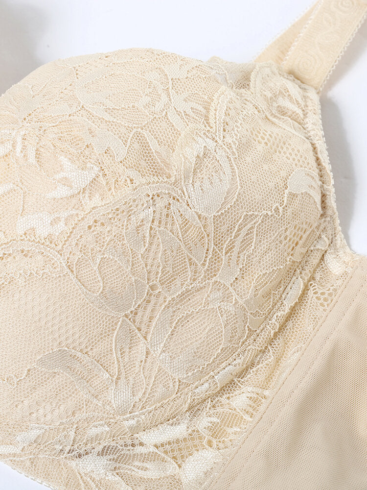 Plus Size Lace Jacquard Gather Full Coverage Push Up Bra,Milk Yellow