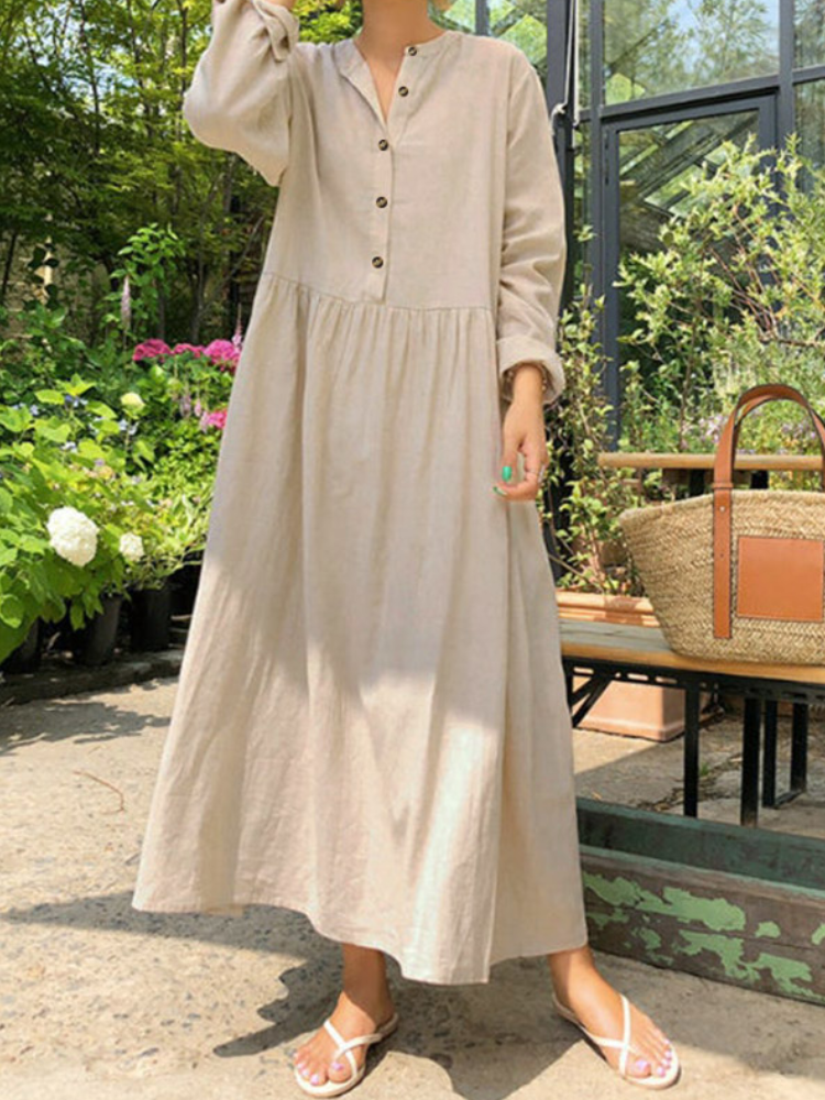 Women 100% Cotton Side Pockets Pleats Simple Casual Maxi Dress