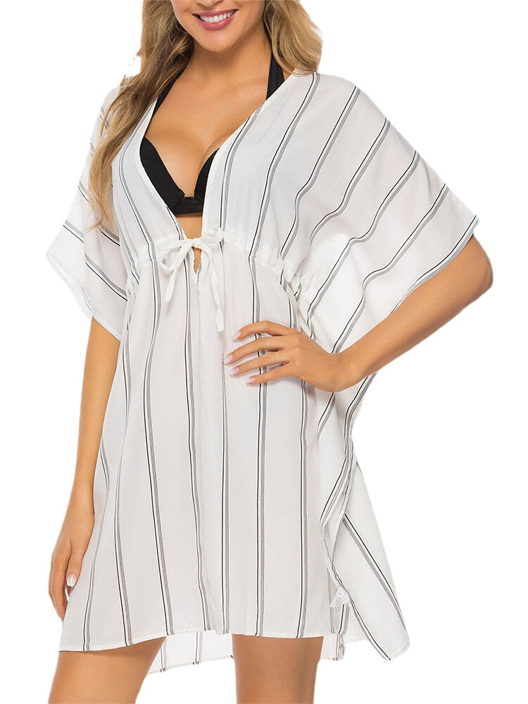 Plus Size Women Striped Front Tie Bat Sleeve Loose Sun Protection Cover Ups