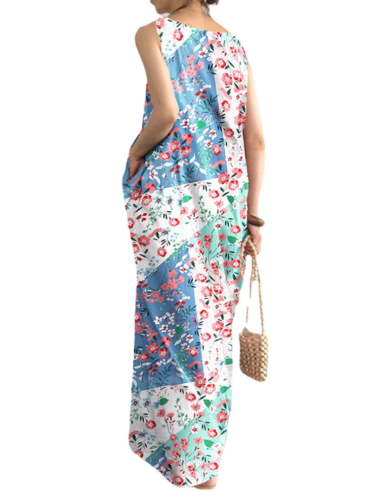 Floral Print Pocket Sleeveless Round Neck Maxi Dress