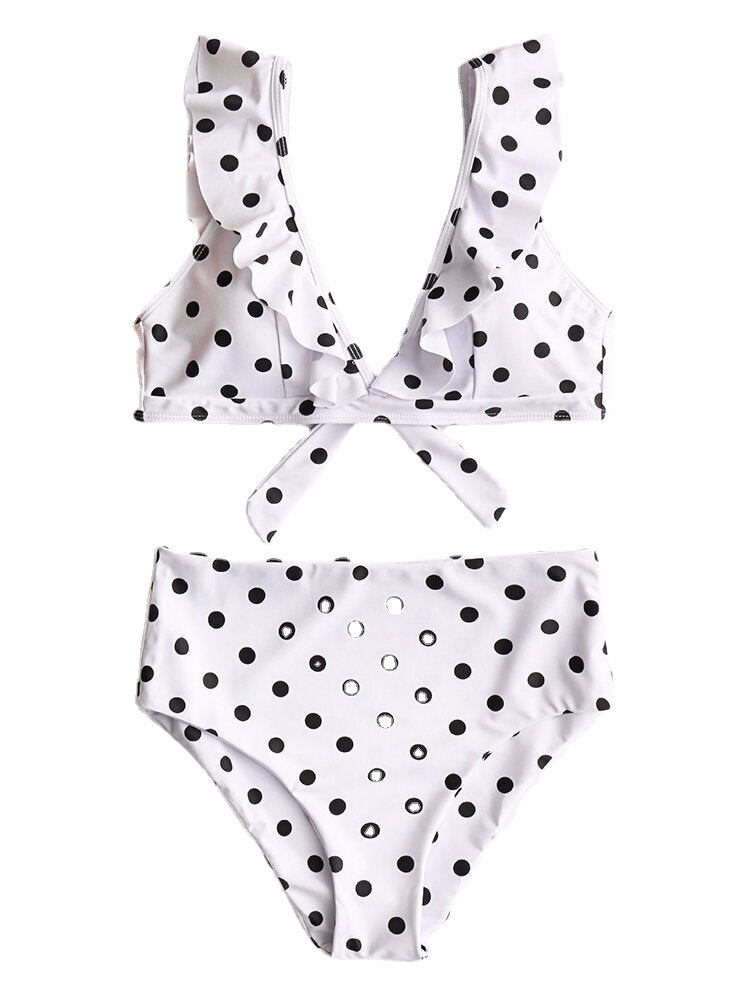 Women Polka Dot Print Ruffles Sleeves Tie High Waist Bikini