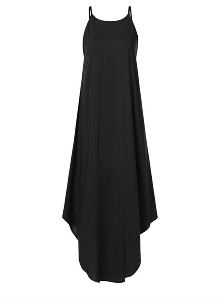 Women Sleeveless Straps High Low Hem Solid Causal Maxi Dress