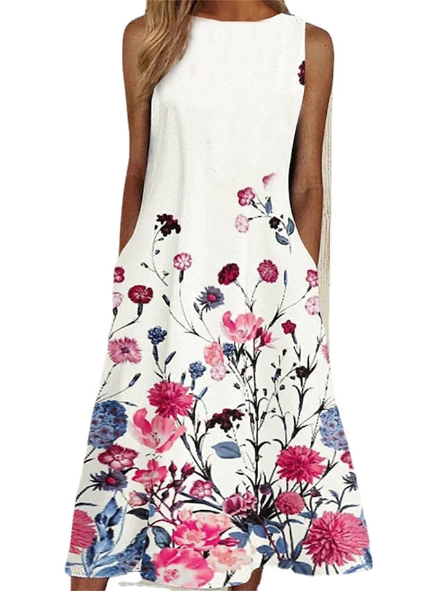 Women's Casual Dress Tank Dress Print Dress Floral Pocket Print Crew Neck Midi Dress Active Fashion Outdoor Daily Sleeveless Loose Fit White Spring Summer