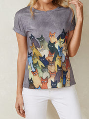 Women Cute Cat Print Round Neck Casual Short Sleeve T-Shirts