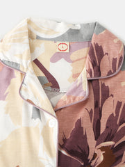 Women Vintage Floral Print Camp Collar Double Pocket Shirt Elastic Waist Pants Sleepwear Home Pajamas