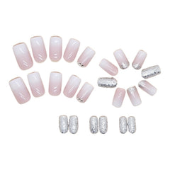 Silver Glitter Squoval Press On Nails, Glossy Rhinestone Fake Nails, 24 Pcs with Glue & File