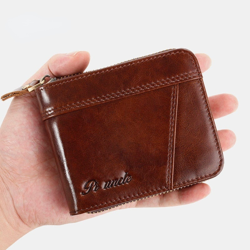 Men Genuine Leather Retro RFID Blocking Zipper Coin Bag Card Holder Wallet